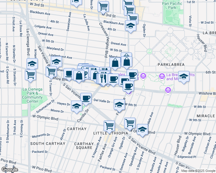map of restaurants, bars, coffee shops, grocery stores, and more near 6230 Wilshire Boulevard in Los Angeles