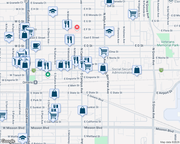 map of restaurants, bars, coffee shops, grocery stores, and more near 744 East Holt Boulevard in Ontario