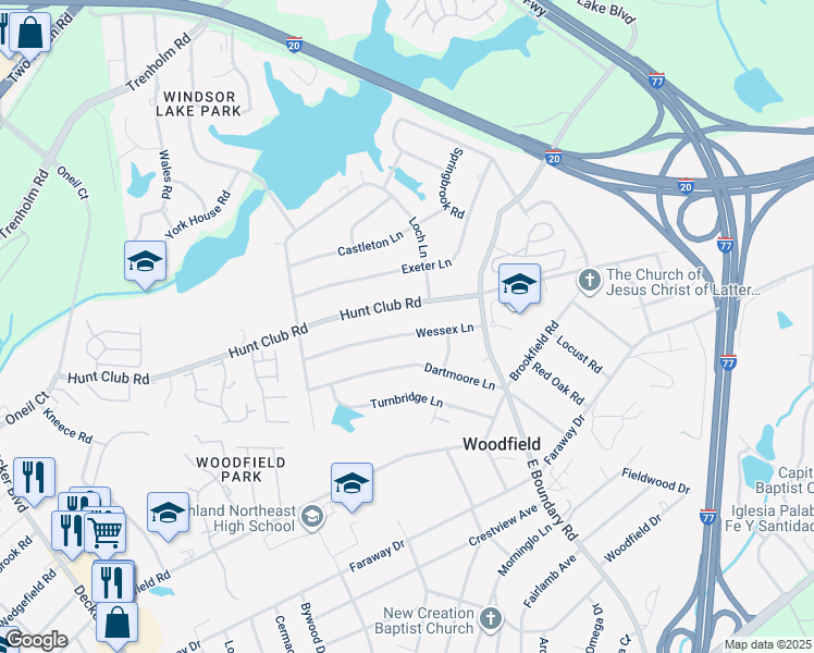 map of restaurants, bars, coffee shops, grocery stores, and more near 7842 Hunt Club Road in Columbia