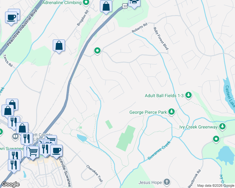map of restaurants, bars, coffee shops, grocery stores, and more near 55 Cherrystone Walk in Suwanee