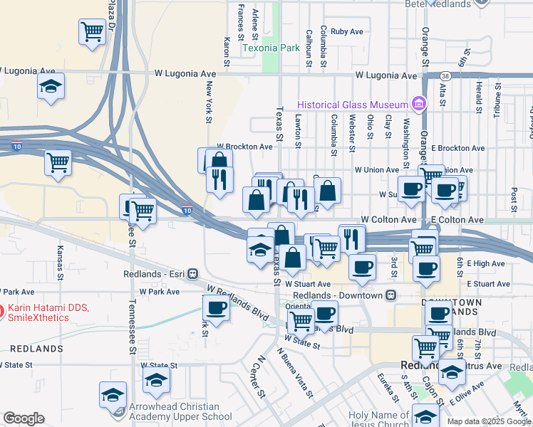 map of restaurants, bars, coffee shops, grocery stores, and more near 802 West Colton Avenue in Redlands