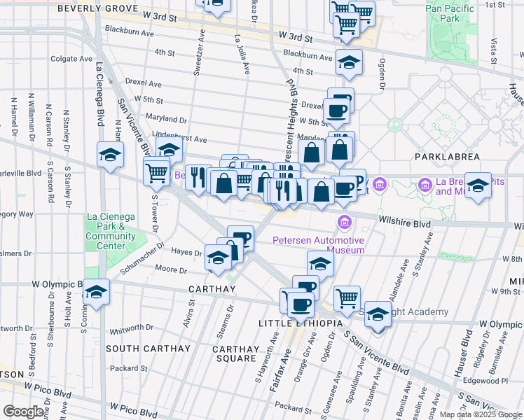 map of restaurants, bars, coffee shops, grocery stores, and more near 6322 Wilshire Boulevard in Los Angeles