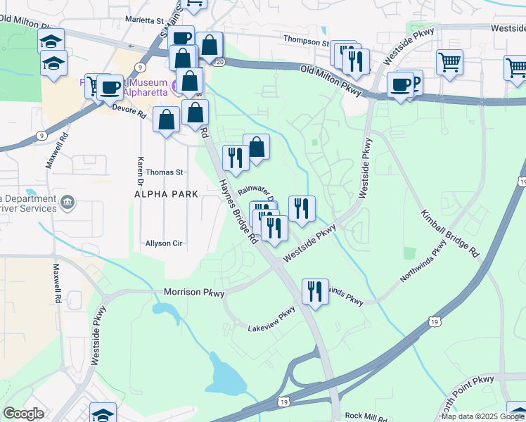 map of restaurants, bars, coffee shops, grocery stores, and more near 11605 Haynes Bridge Road in Alpharetta