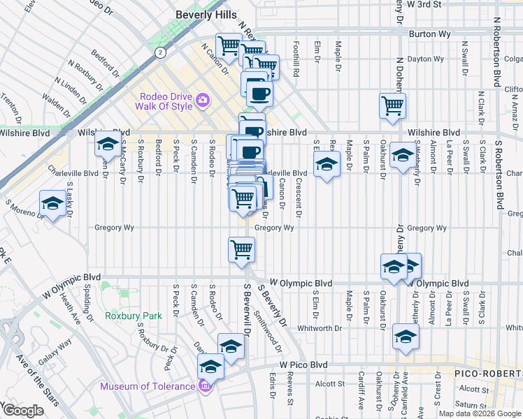 map of restaurants, bars, coffee shops, grocery stores, and more near 255 South Reeves Drive in Beverly Hills