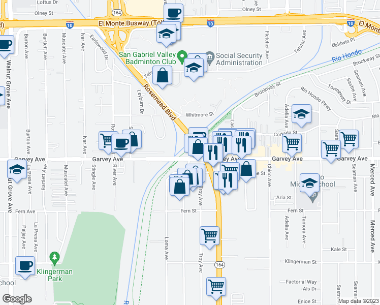 map of restaurants, bars, coffee shops, grocery stores, and more near 9251 Garvey Avenue in South El Monte