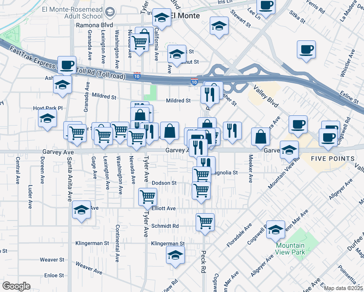 map of restaurants, bars, coffee shops, grocery stores, and more near 11139 Garvey Avenue in El Monte