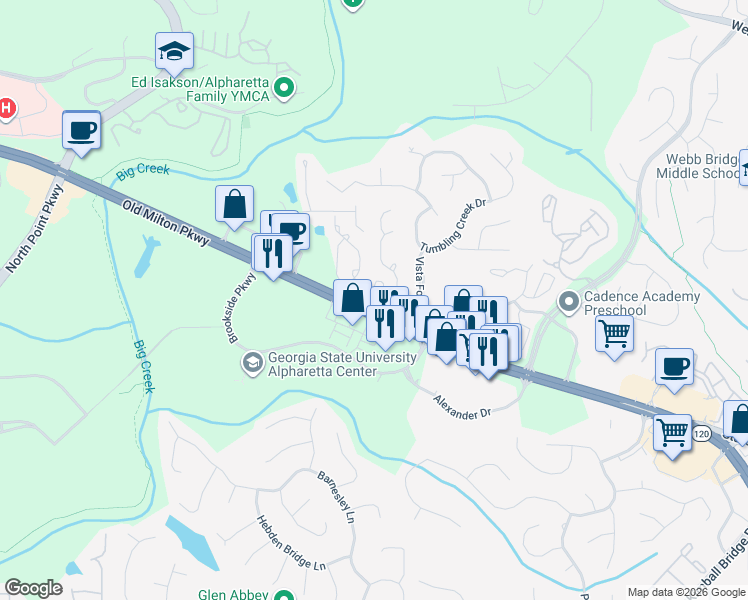 map of restaurants, bars, coffee shops, grocery stores, and more near 5490 Bridge Pointe Drive in Alpharetta