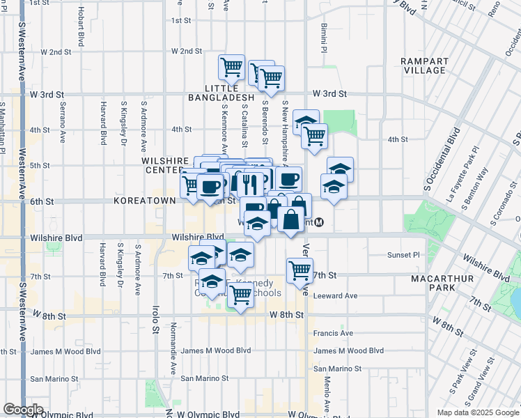 map of restaurants, bars, coffee shops, grocery stores, and more near 625 South Berendo Street in Los Angeles
