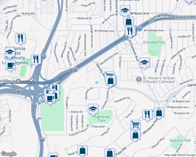 map of restaurants, bars, coffee shops, grocery stores, and more near 1822 Garvey Avenue in Alhambra