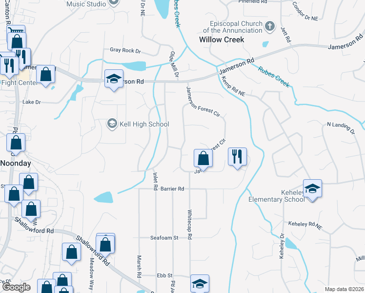 map of restaurants, bars, coffee shops, grocery stores, and more near 4733 Jamerson Forest Circle Northeast in Marietta
