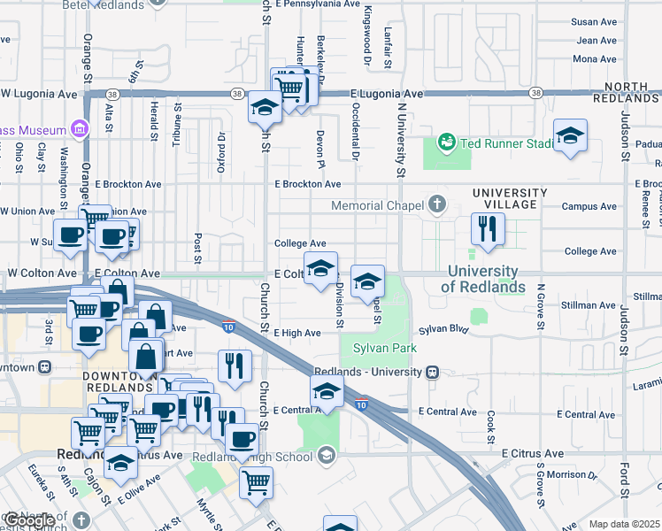 map of restaurants, bars, coffee shops, grocery stores, and more near 914 College Avenue in Redlands