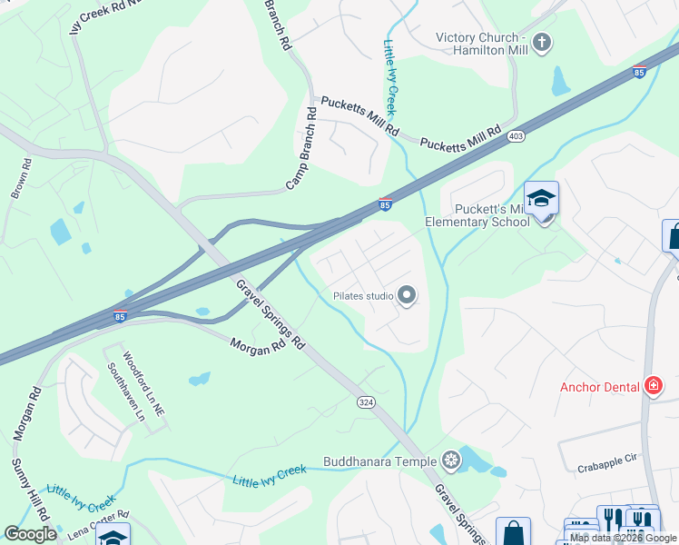 map of restaurants, bars, coffee shops, grocery stores, and more near 2554 Morgan Place Drive in Buford
