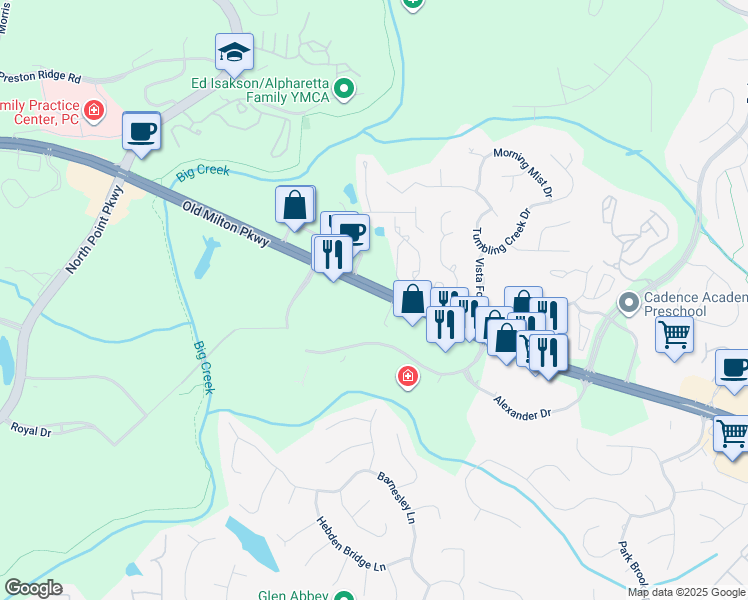 map of restaurants, bars, coffee shops, grocery stores, and more near 3675 Old Milton Parkway in Alpharetta