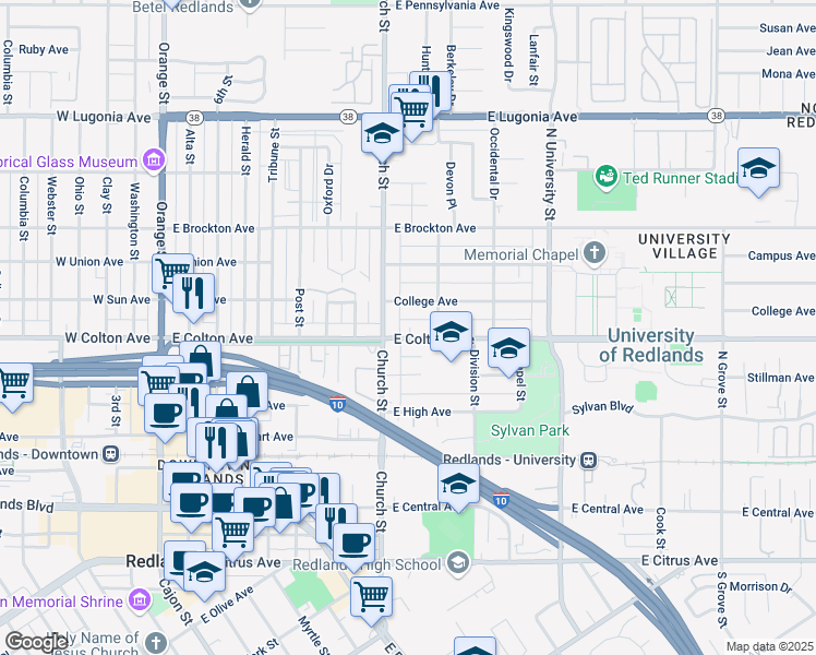 map of restaurants, bars, coffee shops, grocery stores, and more near 809 East Colton Avenue in Redlands