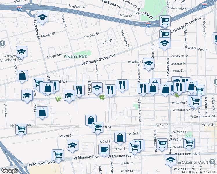map of restaurants, bars, coffee shops, grocery stores, and more near 608 North Currier Street in Pomona