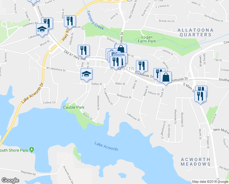 map of restaurants, bars, coffee shops, grocery stores, and more near 4386 Robinson Street in Acworth