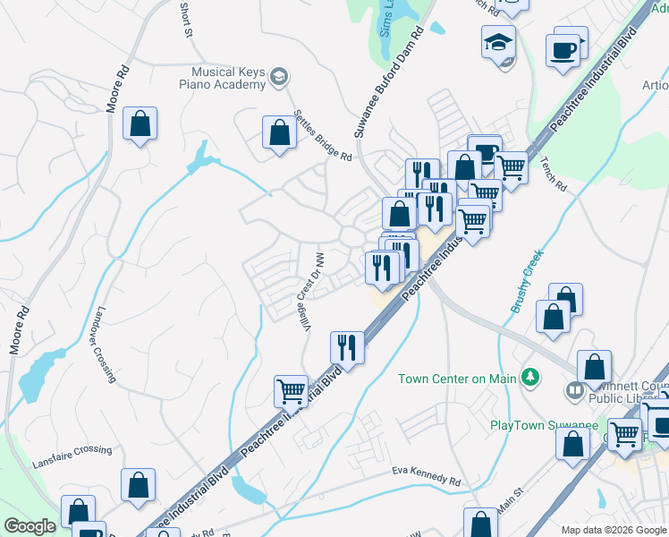 map of restaurants, bars, coffee shops, grocery stores, and more near 635 Grove Manor Park in Suwanee