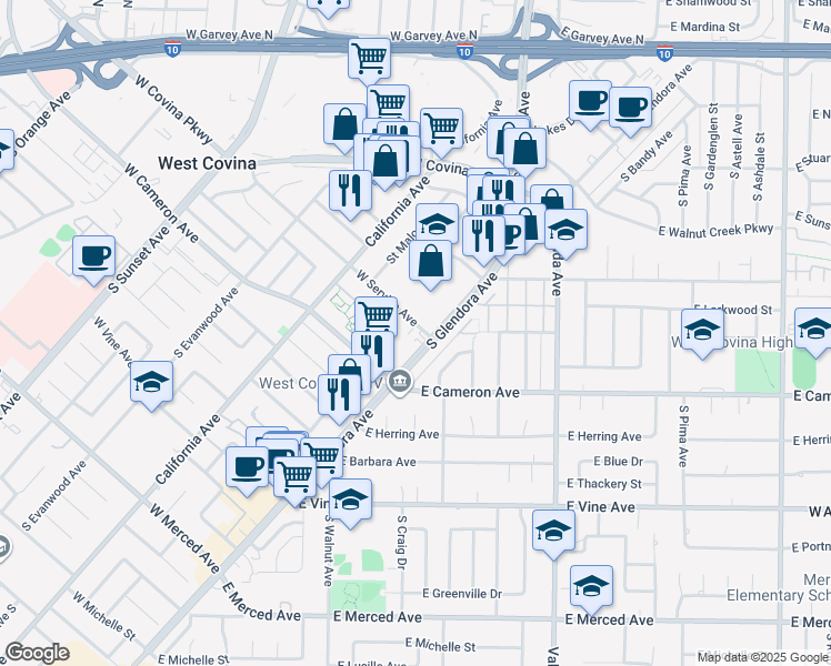 map of restaurants, bars, coffee shops, grocery stores, and more near 828 West Service Avenue in West Covina