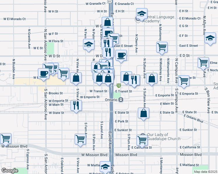 map of restaurants, bars, coffee shops, grocery stores, and more near 100 South Euclid Avenue in Ontario