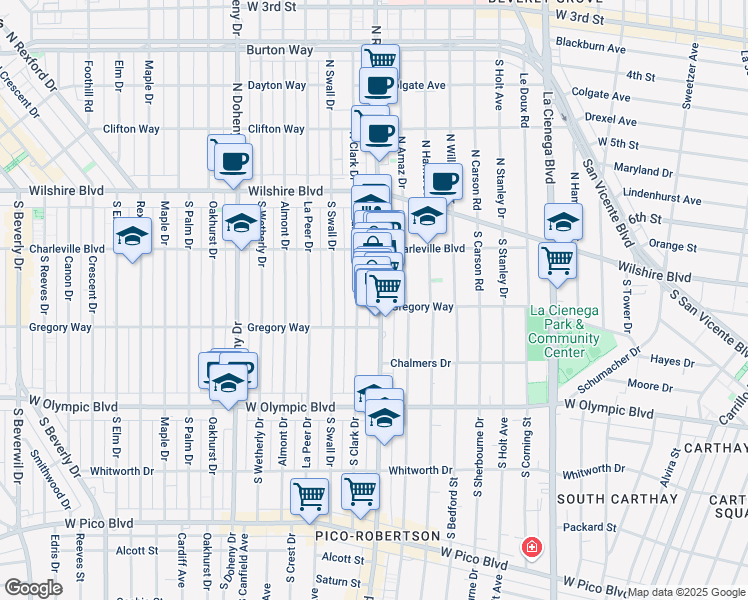 map of restaurants, bars, coffee shops, grocery stores, and more near 236 South Clark Drive in Beverly Hills