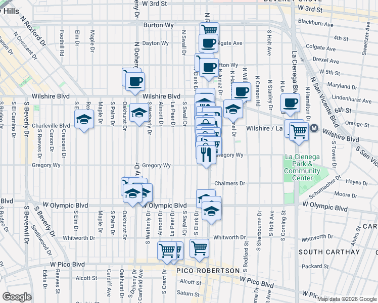 map of restaurants, bars, coffee shops, grocery stores, and more near 248 South Swall Drive in Beverly Hills