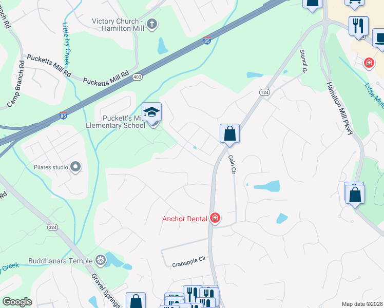 map of restaurants, bars, coffee shops, grocery stores, and more near 2320 South Pucketts Mill Road in Dacula