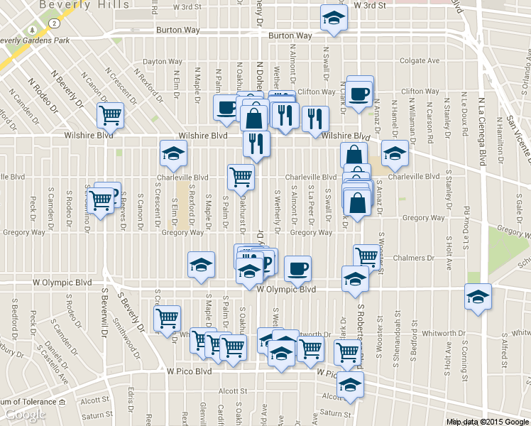 map of restaurants, bars, coffee shops, grocery stores, and more near 248 South Doheny Drive in Beverly Hills