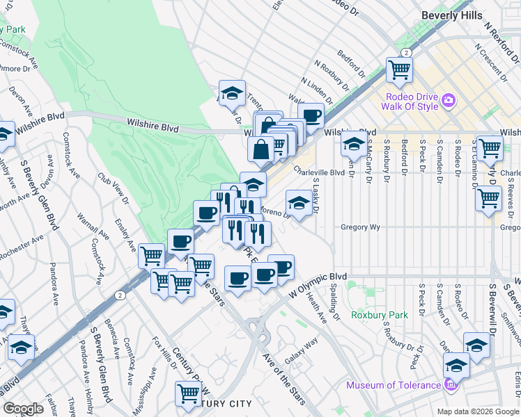 map of restaurants, bars, coffee shops, grocery stores, and more near Moreno Drive & Durant Drive in Beverly Hills