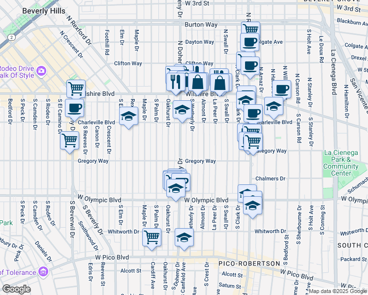 map of restaurants, bars, coffee shops, grocery stores, and more near 248 South Doheny Drive in Beverly Hills