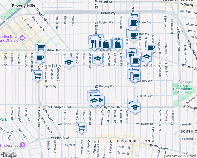 map of restaurants, bars, coffee shops, grocery stores, and more near 248 South Doheny Drive in Beverly Hills