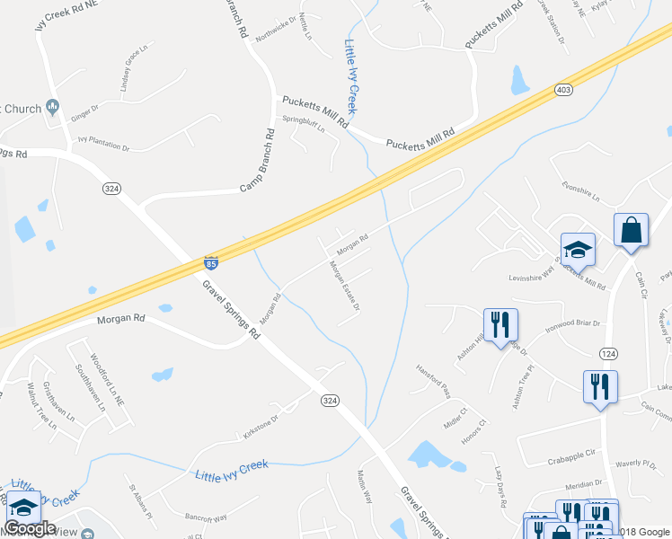 map of restaurants, bars, coffee shops, grocery stores, and more near 2443 Morgan Farm Court in Buford