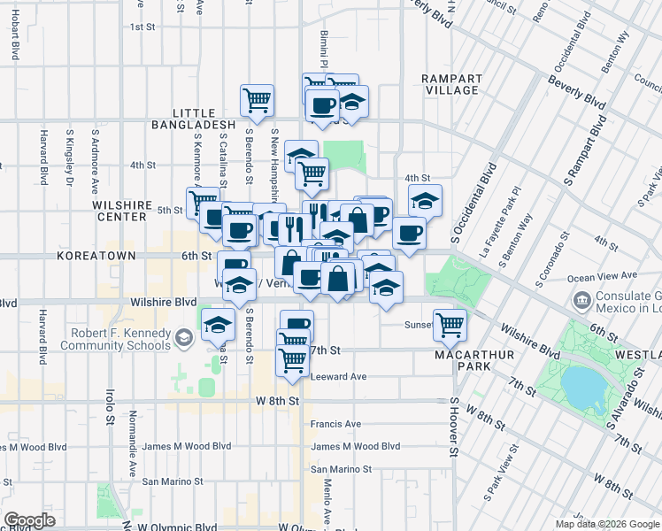 map of restaurants, bars, coffee shops, grocery stores, and more near 615 Shatto Place in Los Angeles