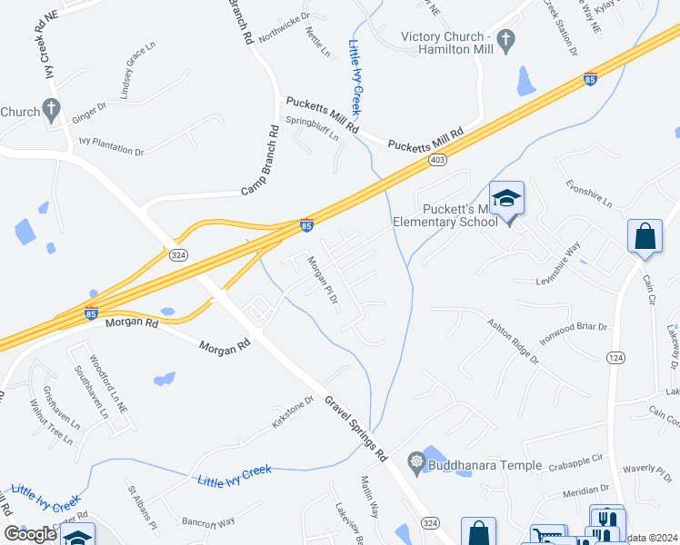 map of restaurants, bars, coffee shops, grocery stores, and more near 2285 Morgan Farm Court in Buford