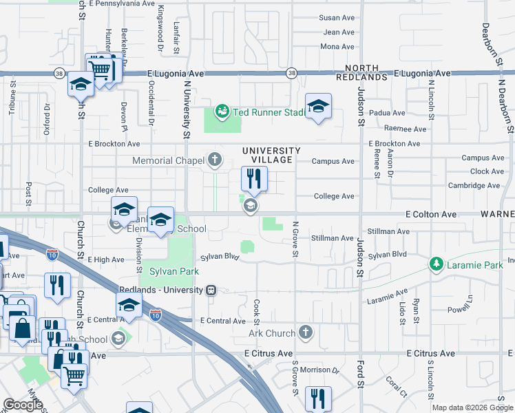 map of restaurants, bars, coffee shops, grocery stores, and more near 1259 East Colton Avenue in Redlands
