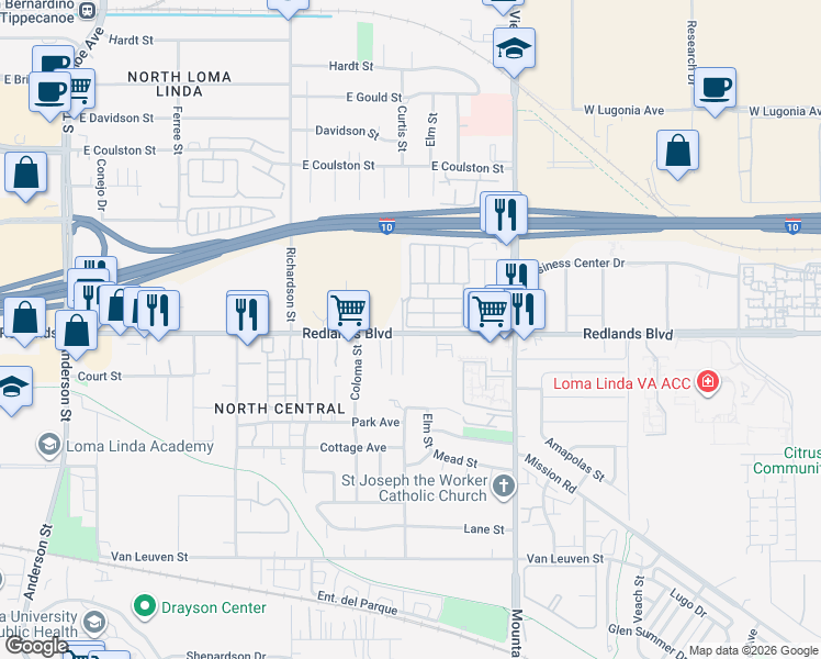 map of restaurants, bars, coffee shops, grocery stores, and more near 25526 Redlands Boulevard in Loma Linda