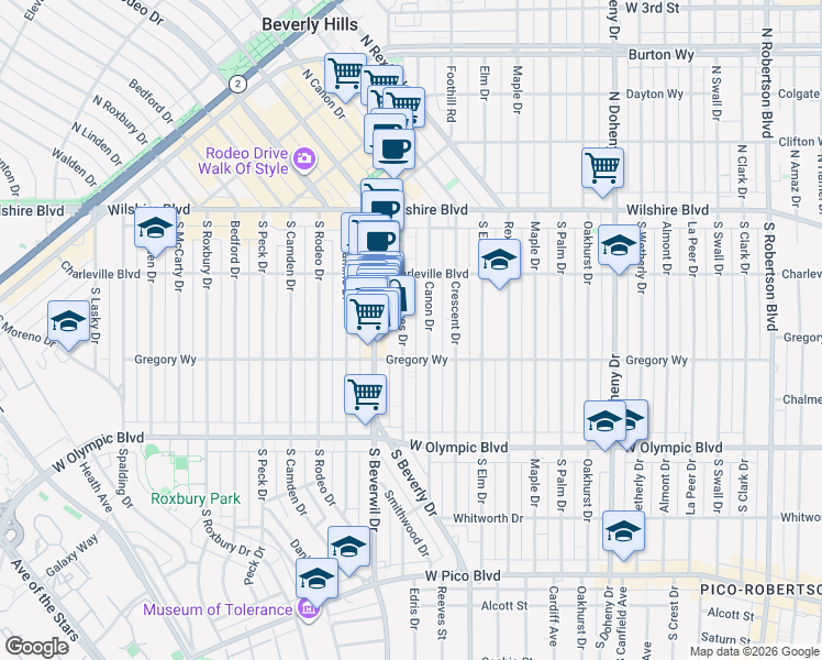 map of restaurants, bars, coffee shops, grocery stores, and more near 248 South Reeves Drive in Beverly Hills