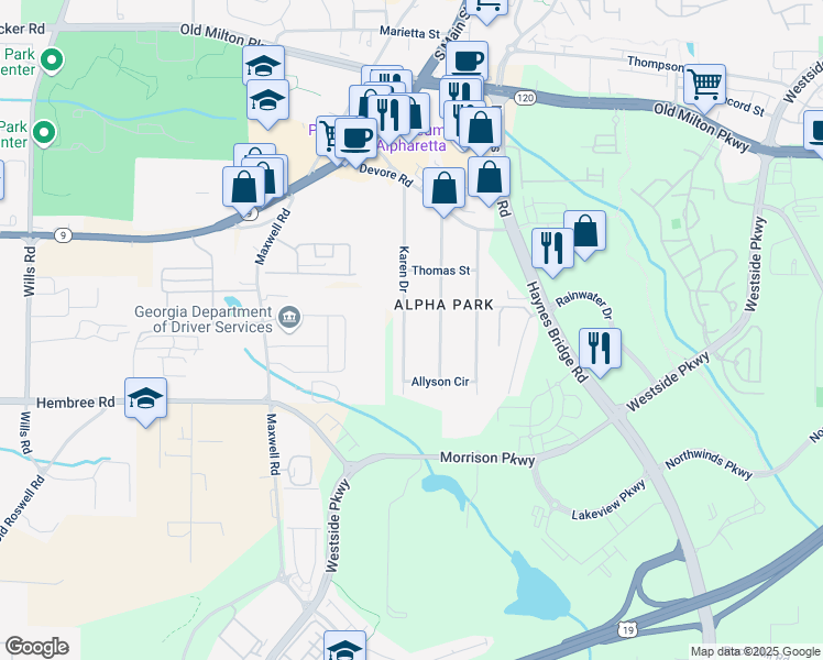 map of restaurants, bars, coffee shops, grocery stores, and more near 450 Karen Drive in Alpharetta
