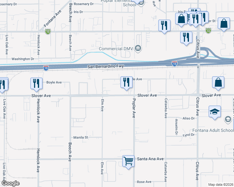 map of restaurants, bars, coffee shops, grocery stores, and more near 15594 Slover Avenue in Fontana