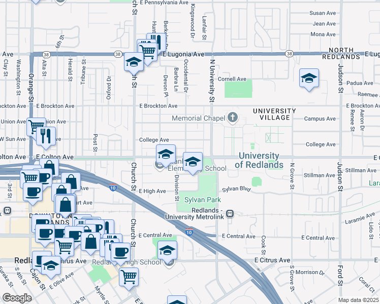 map of restaurants, bars, coffee shops, grocery stores, and more near 847 Occidental Drive in Redlands
