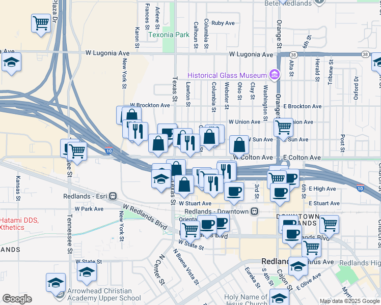 map of restaurants, bars, coffee shops, grocery stores, and more near 819 Lawton Street in Redlands