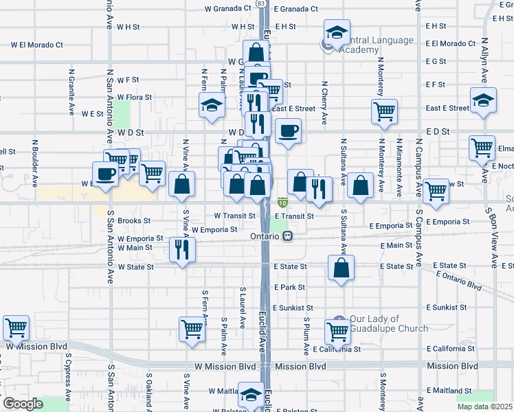 map of restaurants, bars, coffee shops, grocery stores, and more near 100 South Euclid Avenue in Ontario