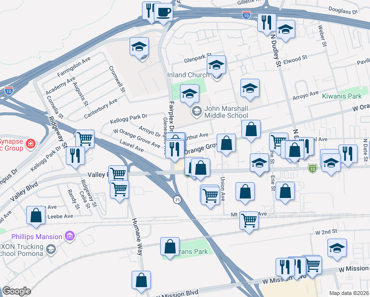 map of restaurants, bars, coffee shops, grocery stores, and more near 2038 Arthur Avenue in Pomona