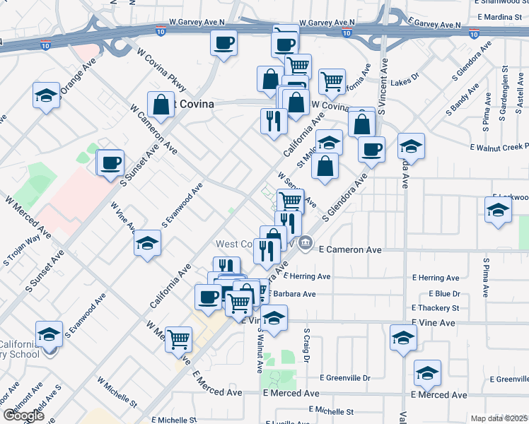 map of restaurants, bars, coffee shops, grocery stores, and more near 931 West Oak Park Place in West Covina