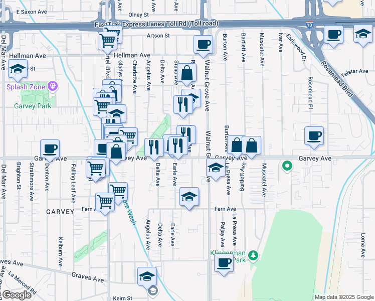 map of restaurants, bars, coffee shops, grocery stores, and more near 8463 Garvey Avenue in Rosemead
