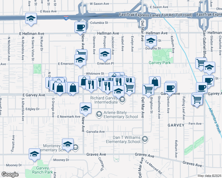 map of restaurants, bars, coffee shops, grocery stores, and more near 3023 Jackson Avenue in Rosemead