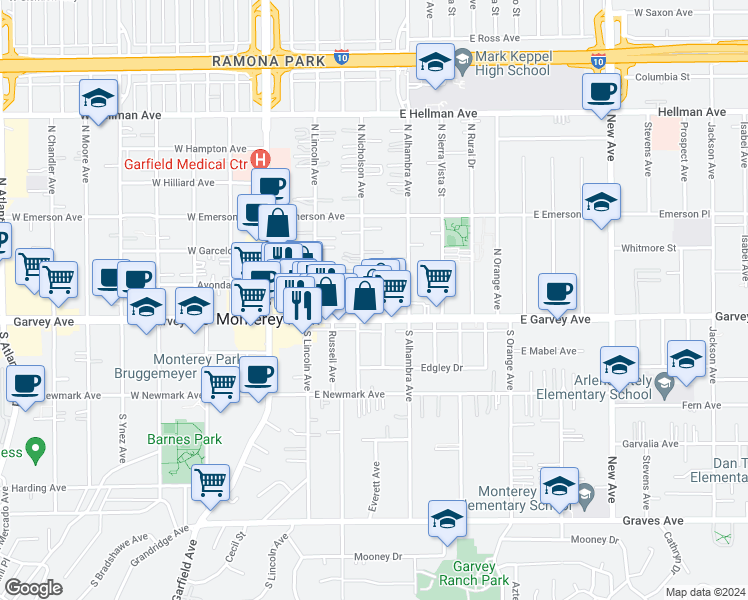 map of restaurants, bars, coffee shops, grocery stores, and more near 123 North Nicholson Avenue in Monterey Park