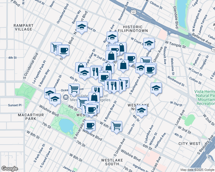 map of restaurants, bars, coffee shops, grocery stores, and more near 200 South Alvarado Street in Los Angeles