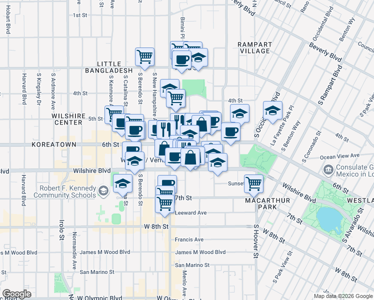 map of restaurants, bars, coffee shops, grocery stores, and more near 600 Shatto Place in Los Angeles