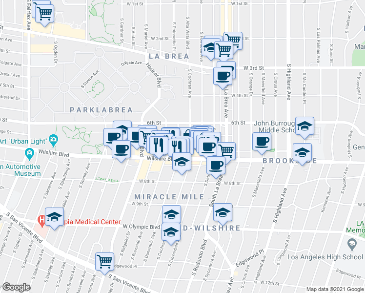 map of restaurants, bars, coffee shops, grocery stores, and more near 645 South Dunsmuir Avenue in Los Angeles