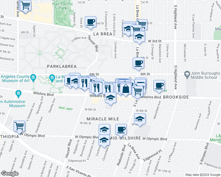 map of restaurants, bars, coffee shops, grocery stores, and more near 645 South Dunsmuir Avenue in Los Angeles